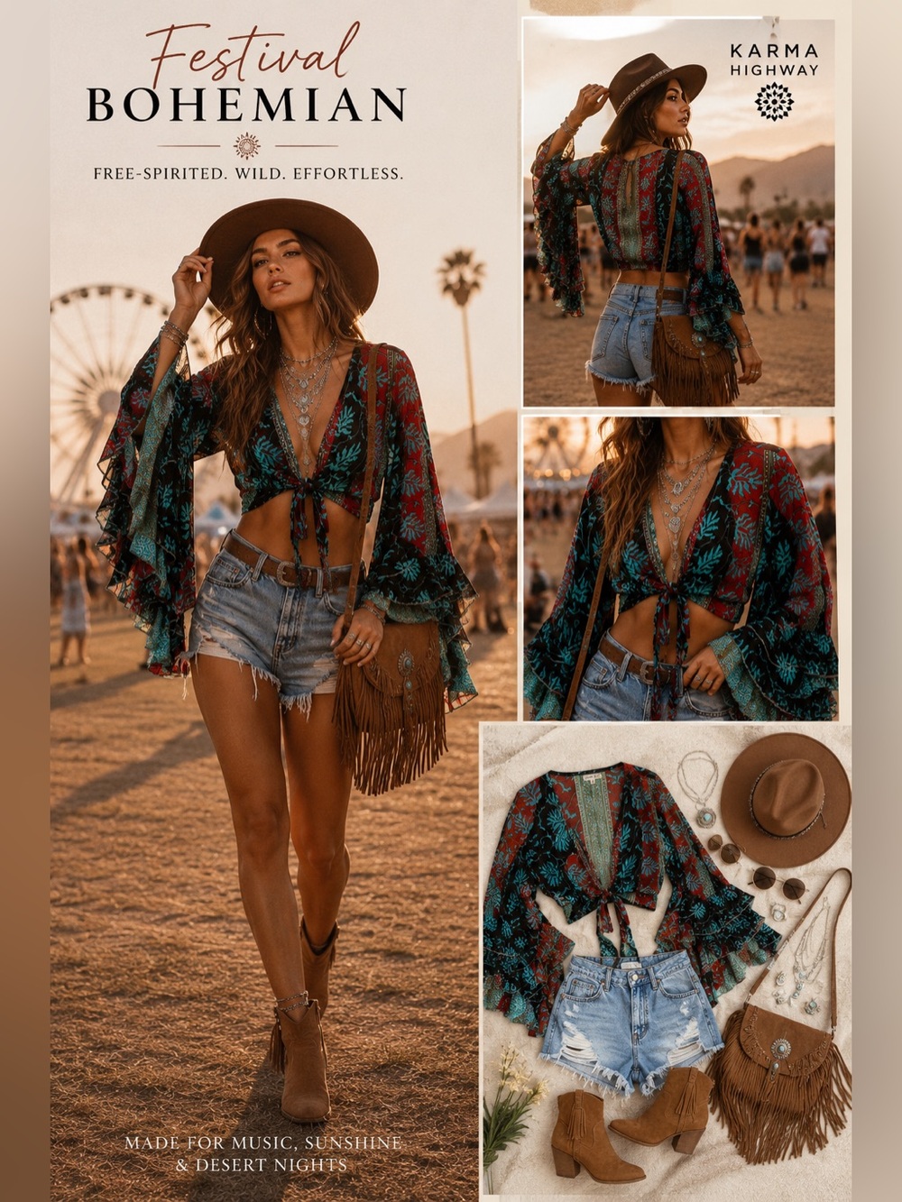 Karma Highway Tie Front Bell Sleeve Boho Crop Top One Size Festival Hippie Gypsy - Picture 2 of 11
